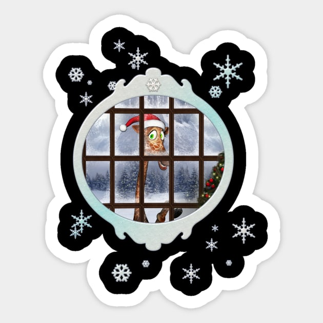 Funny giraffe  with christmas hat looks through the window Sticker by Nicky2342